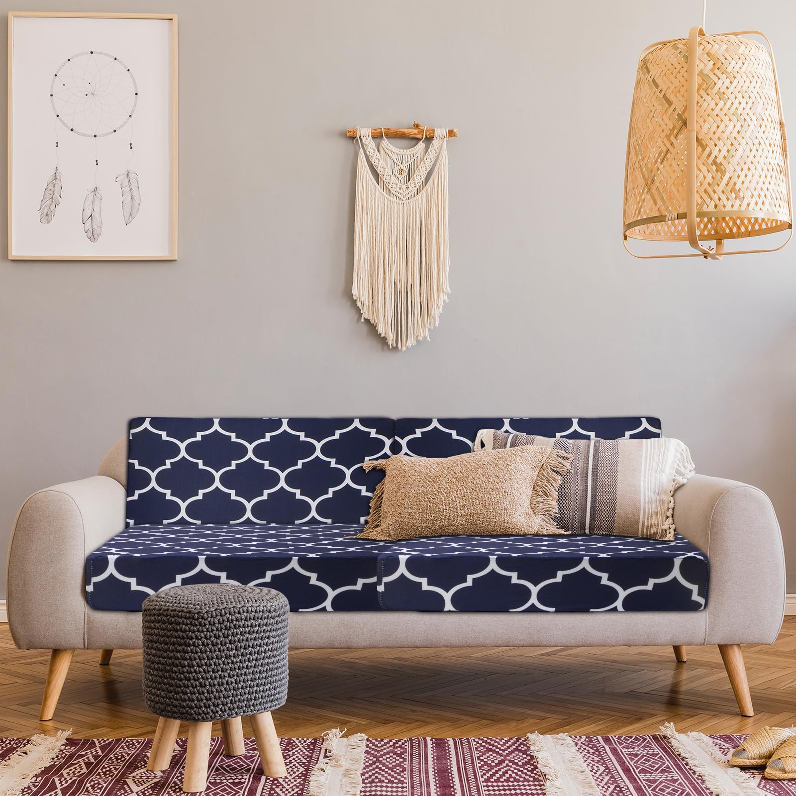 Newwiee outdoor sofa with Moroccan Navy covers refreshing decor.