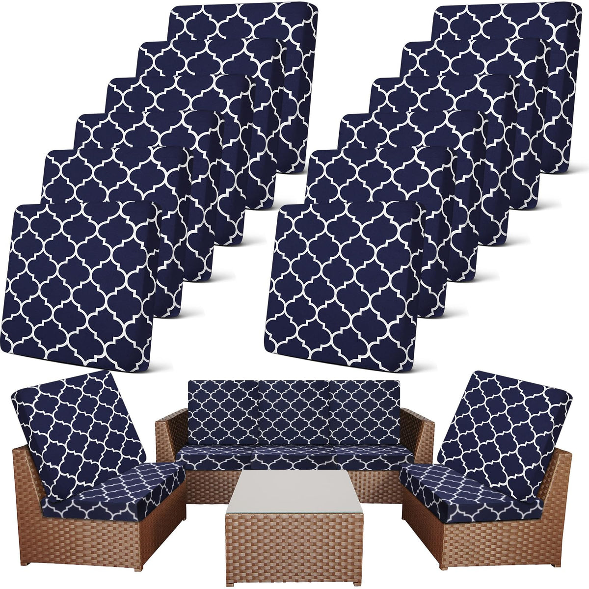 Newwiee 12-pack patio cushion covers with elastic stretch for easy fit.