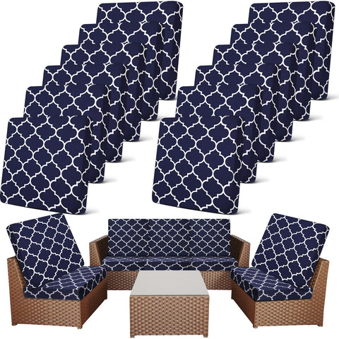 Newwiee 12-pack patio cushion covers with elastic stretch for easy fit.
