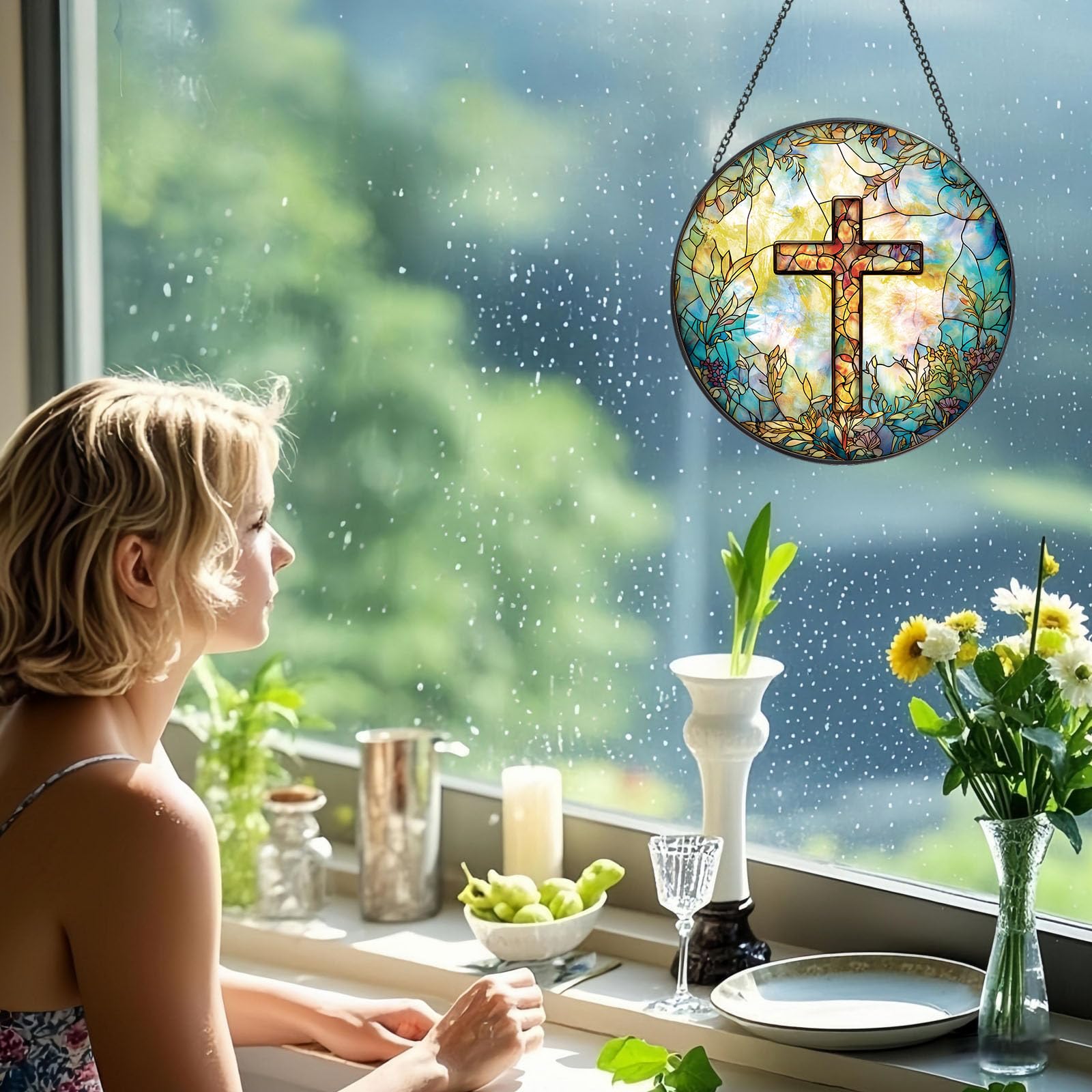 Newyihan cross sun catcher window decor adds spiritual ambience in sunlight