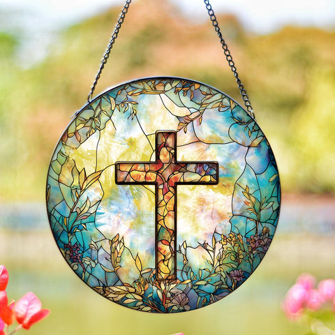 Newyihan stained-glass cross sun catcher brightens windows with warm light