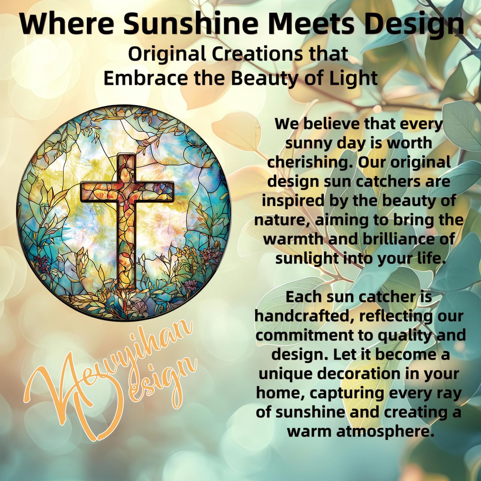 Newyihan stained-glass cross sun catcher creates colorful light art in room