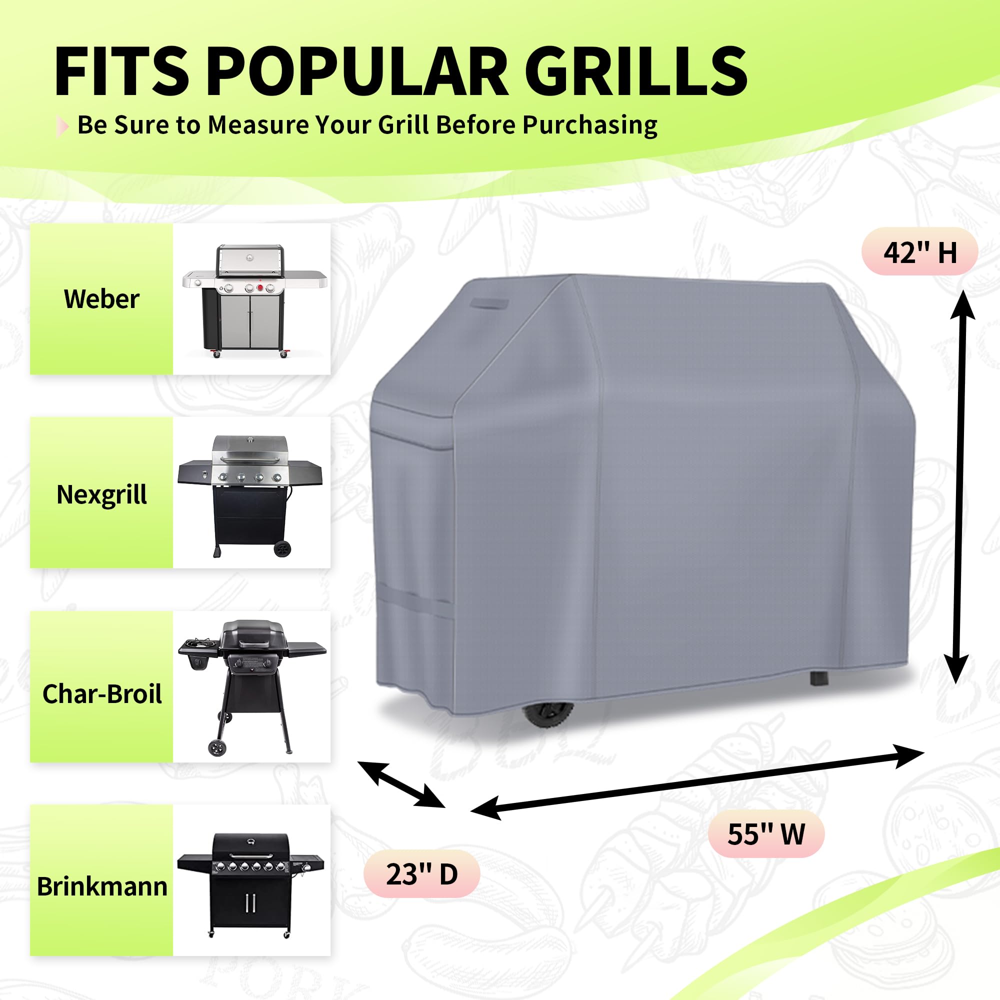 NEXCOVER 55-inch grill cover side view showing full-width protection outdoors
