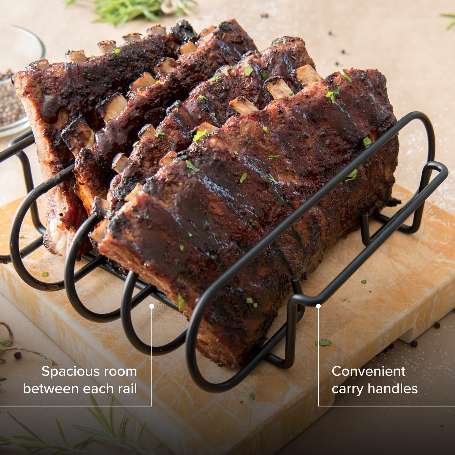 Nexgrill rib rack placed on a grill for versatile outdoor cooking.