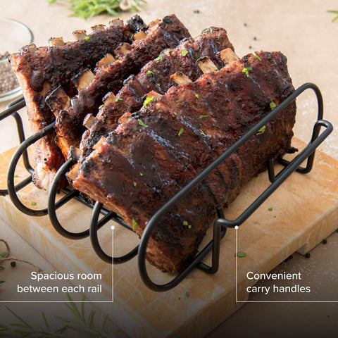 Nexgrill rib rack placed on a grill for versatile outdoor cooking.