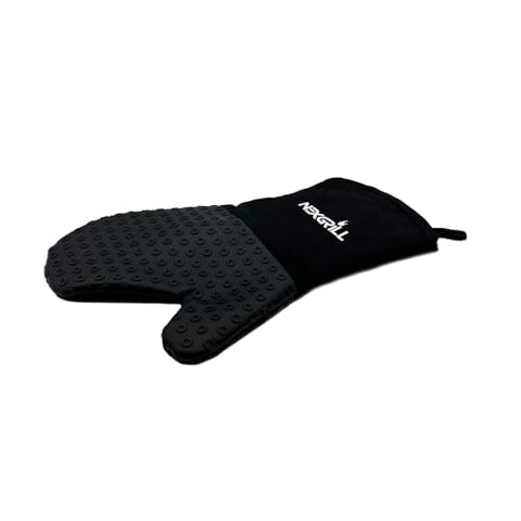 Nexgrill silicone oven mitt side view highlighting heat resistance and forearm protection.