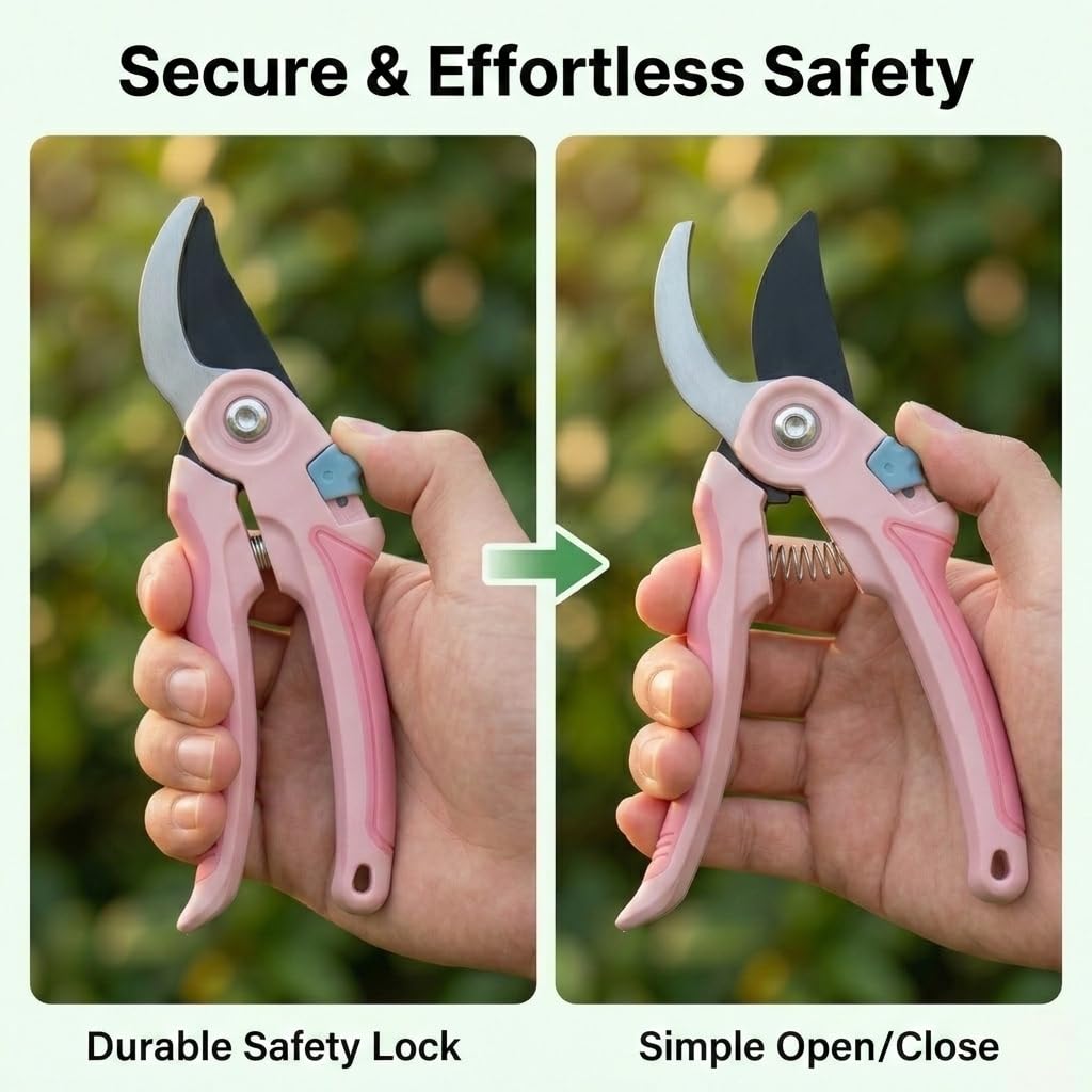 NEXON garden shears safety lock demonstrating secure operation during trimming.