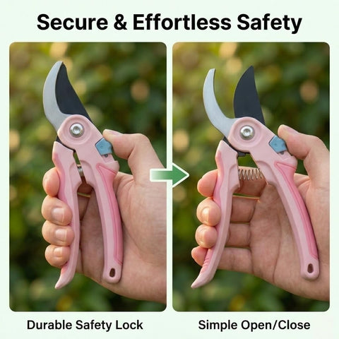 NEXON garden shears safety lock demonstrating secure operation during trimming.