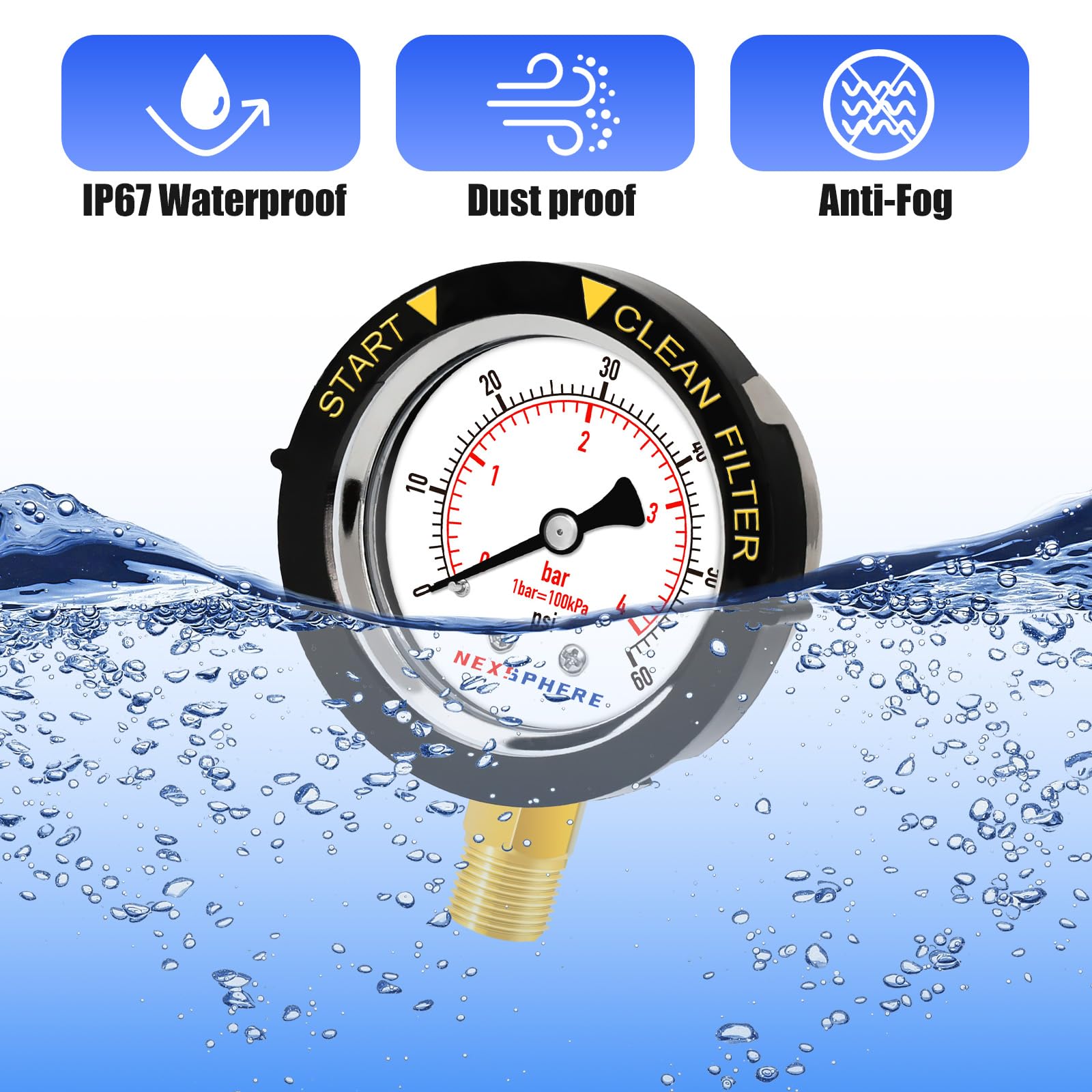 Brass internals in NexSphere gauge for durable performance.