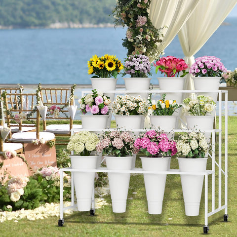 NEYCIL flower stand on rolling wheels for easy repositioning.