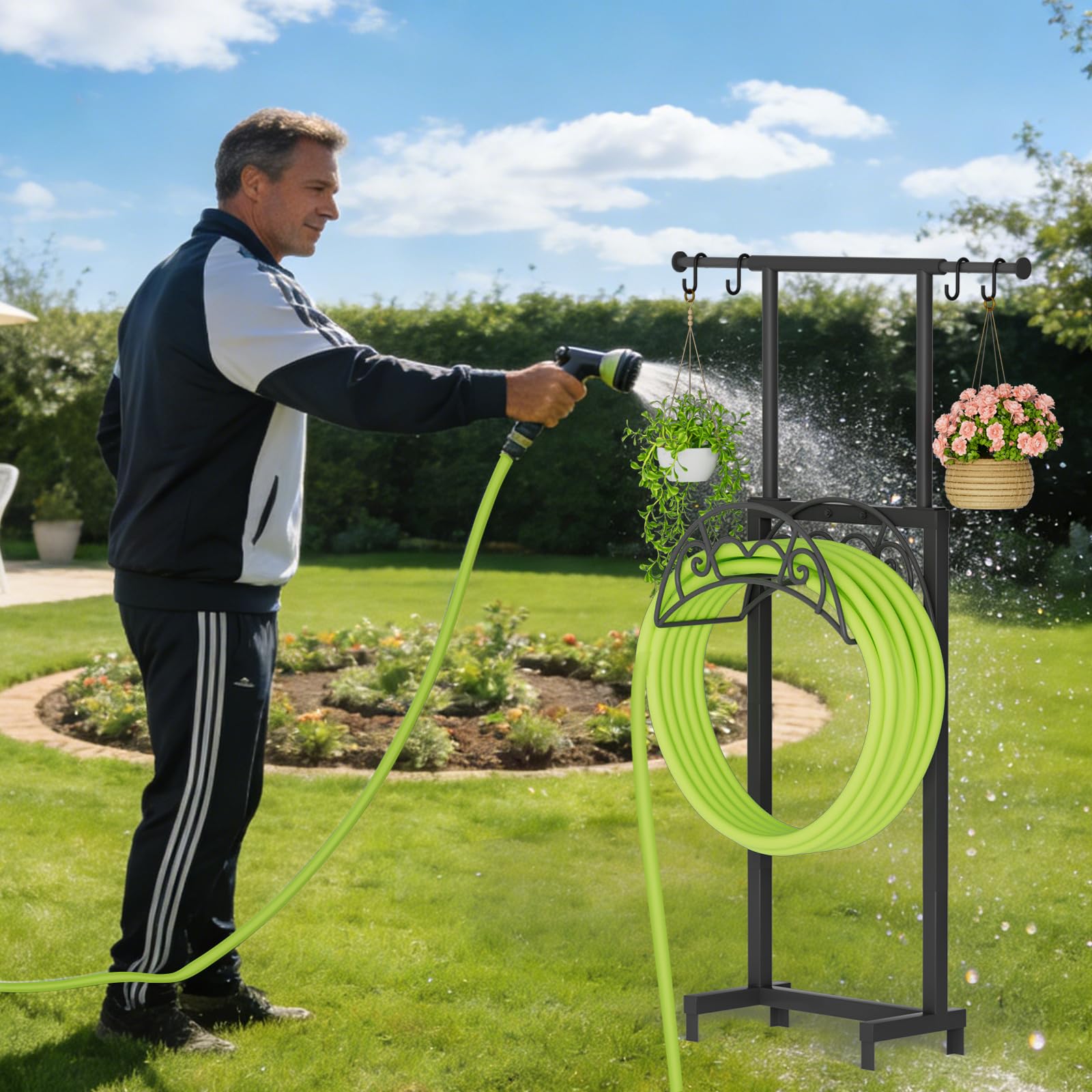 NEYCIL freestanding hose stand with four spikes for secure outdoor storage.