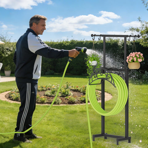 NEYCIL freestanding hose stand with four spikes for secure outdoor storage.