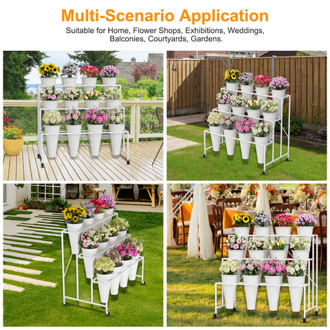Indoor and outdoor flower display with NEYCIL stand.