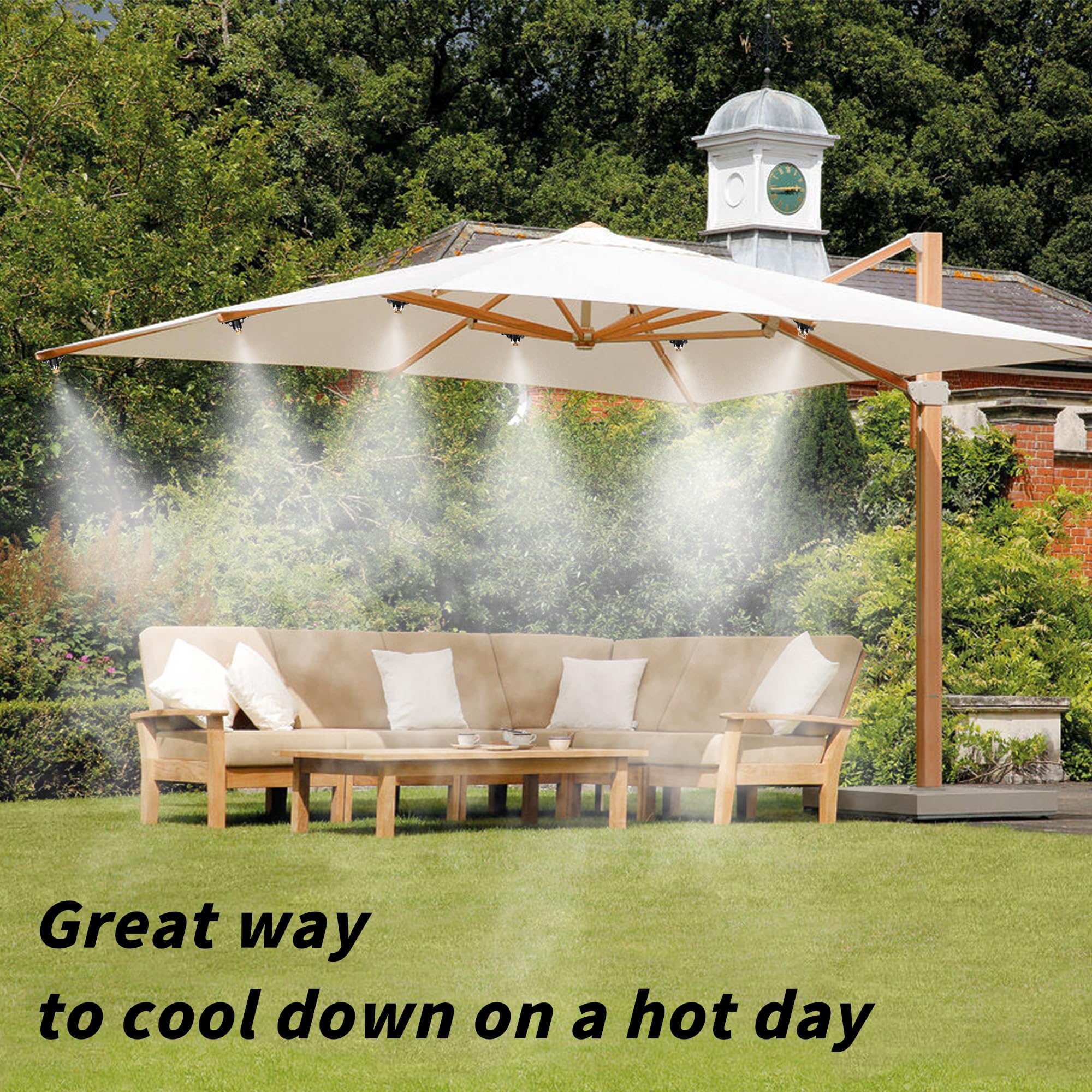 NFAMRZCAR outdoor cooling setup with misting nozzles for patio comfort