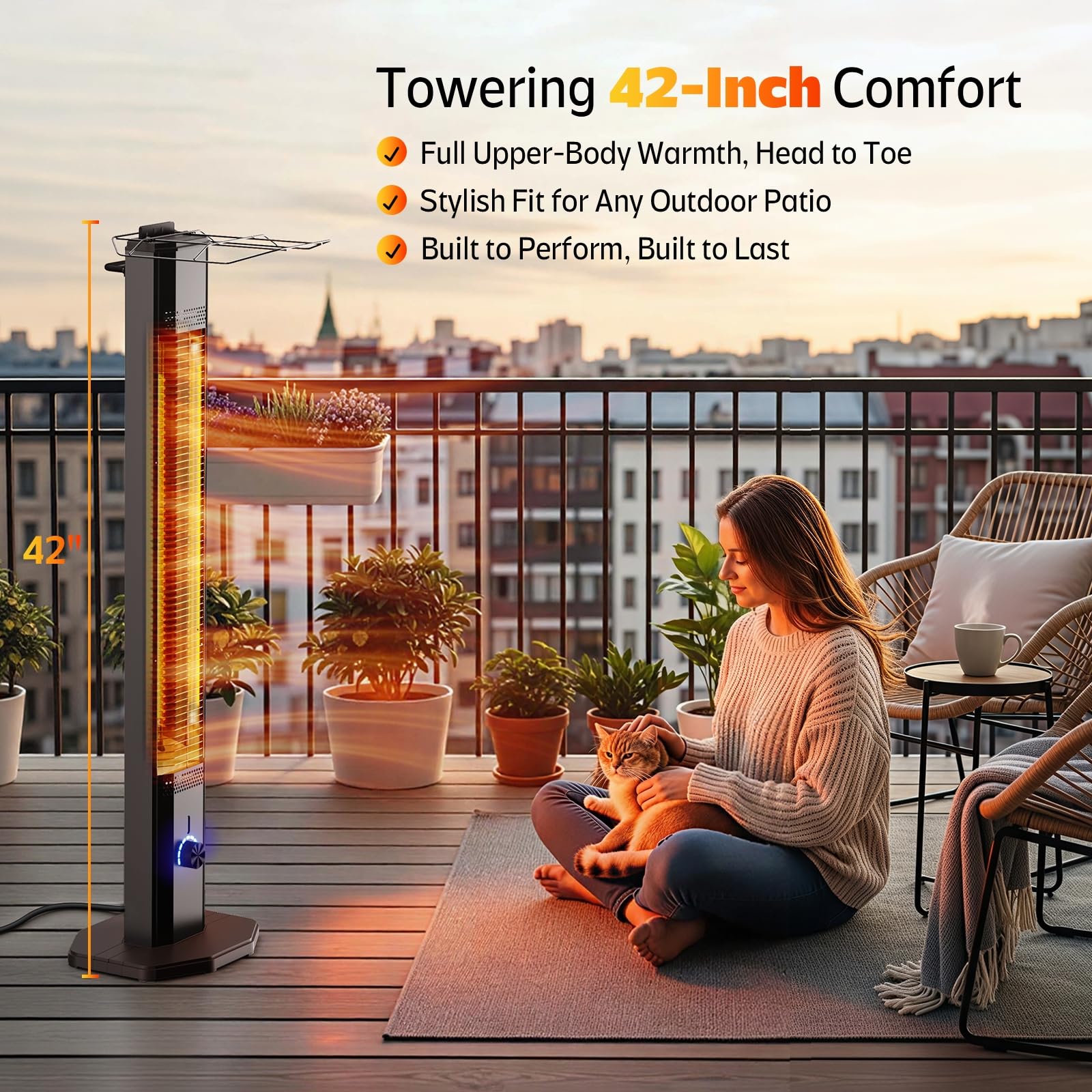 Nfccra 42-inch outdoor heater side view highlighting even heat coverage for decks.