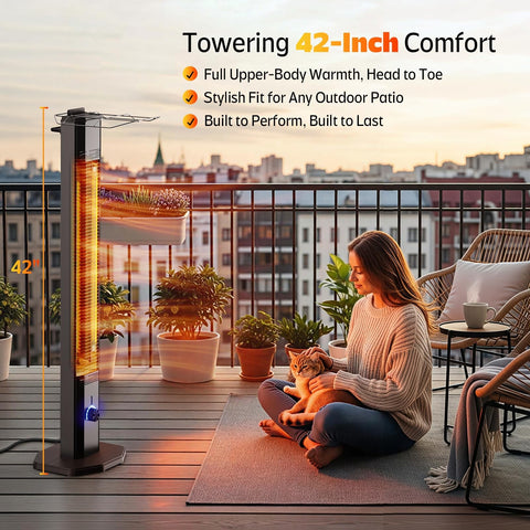 Nfccra 42-inch outdoor heater side view highlighting even heat coverage for decks.