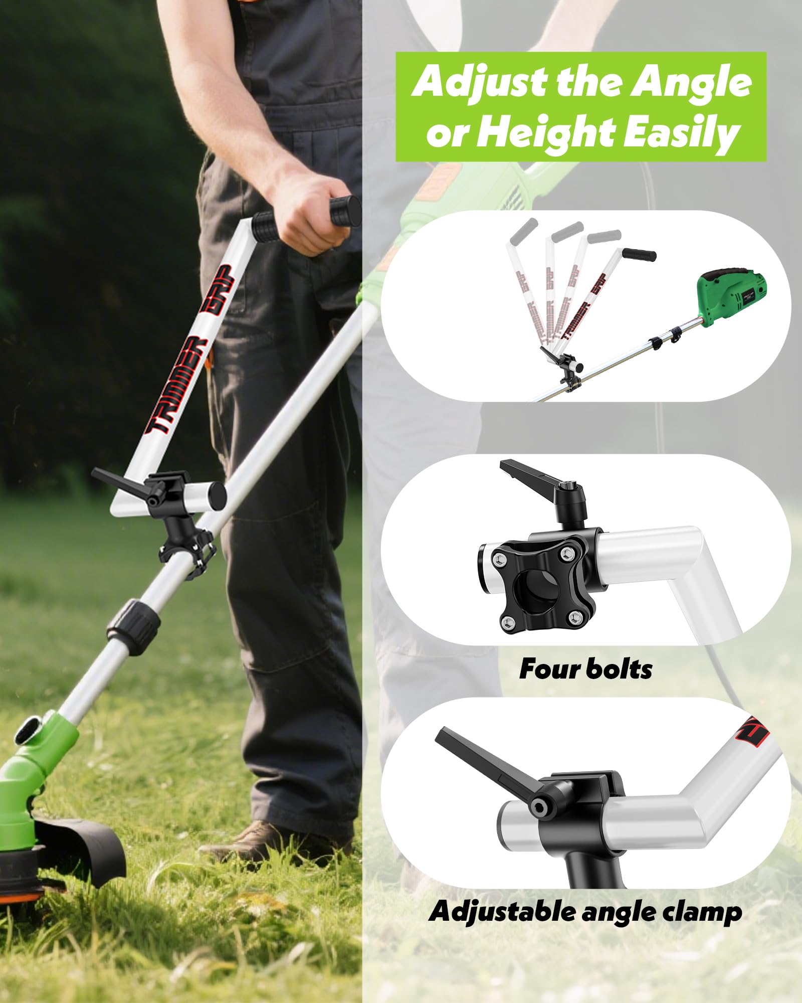 Back saver shoulder strap attached to NFie handle for longer lawn sessions