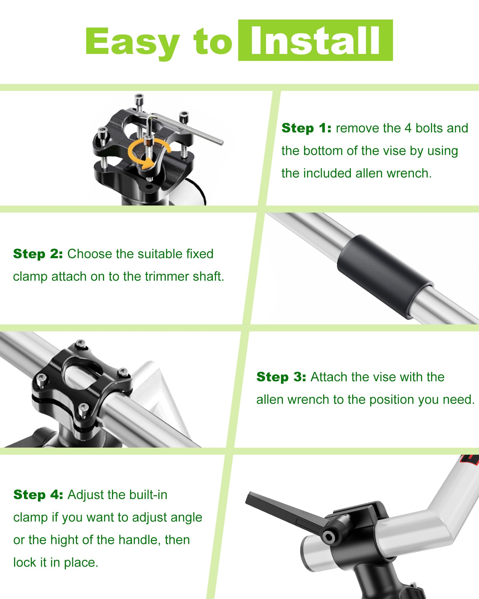Streamlined installation diagram shows quick attachment to trimmer shaft