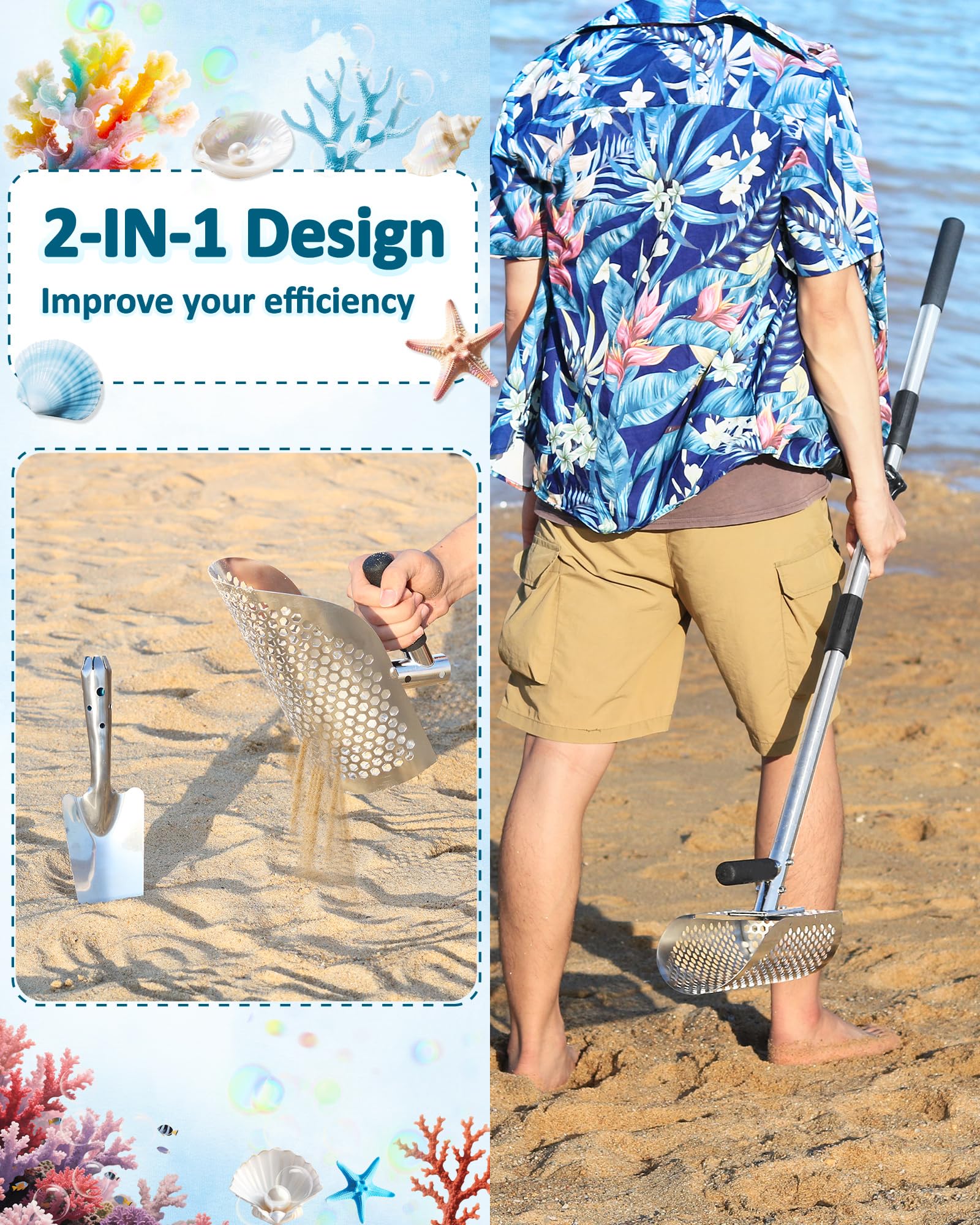 NFie long-handle assembly enables comfortable standing digging during beach searches.