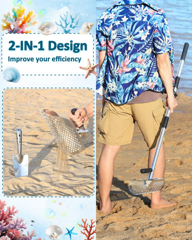 NFie long-handle assembly enables comfortable standing digging during beach searches.