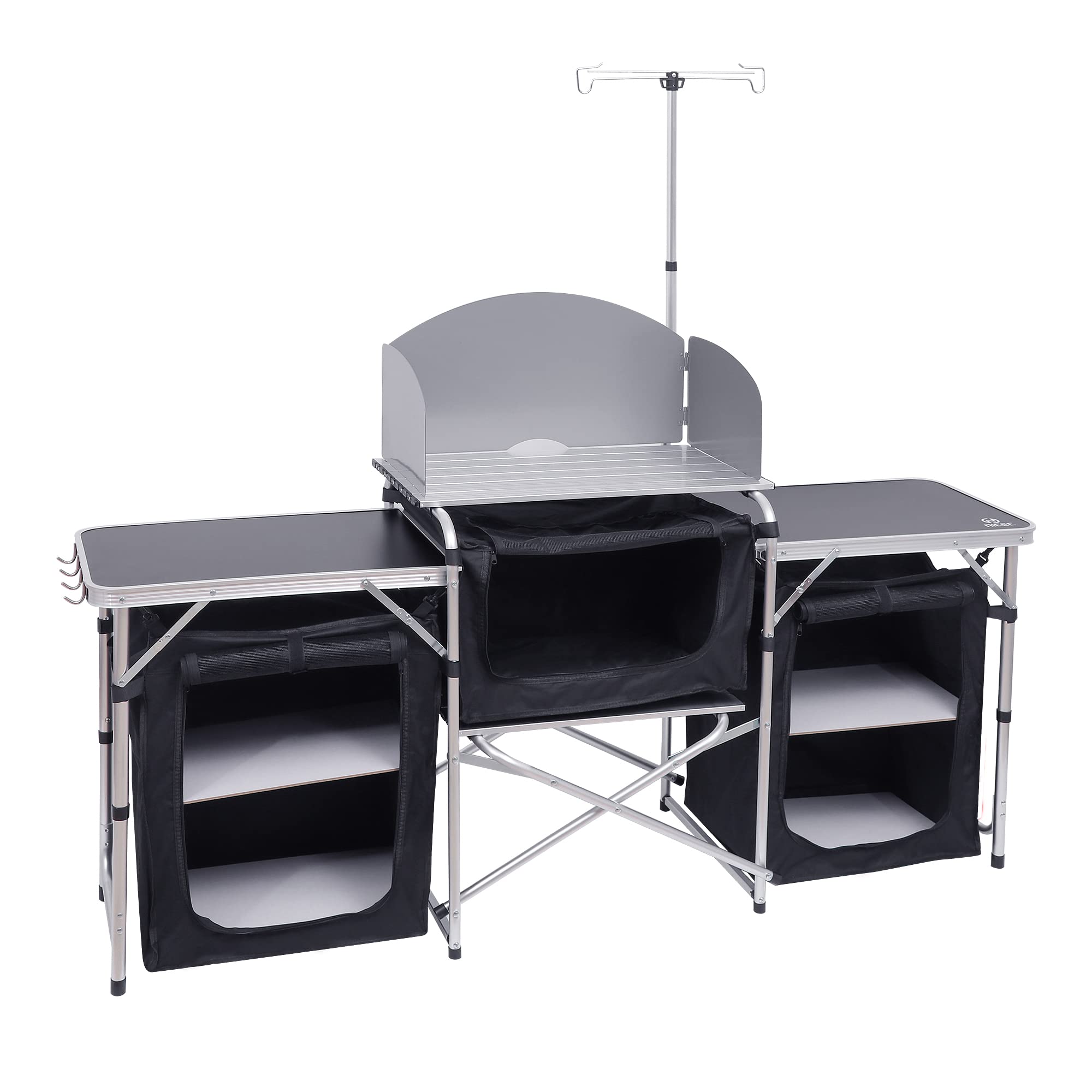 Nice C camping kitchen table with light stand and windshield for wind-free cooking