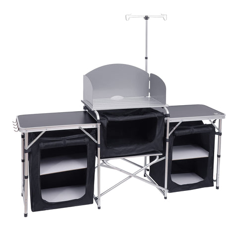 Nice C camping kitchen table with light stand and windshield for wind-free cooking