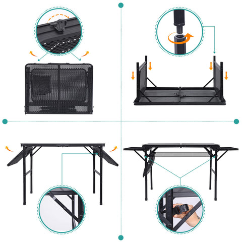 Nice C folding grill table with clear dimensions and storage features.