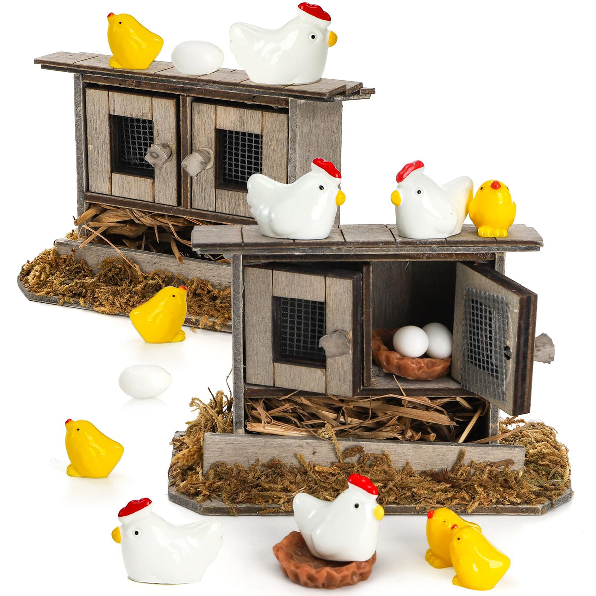Nicunom miniature wooden chicken coops create a rustic fairy garden scene.
