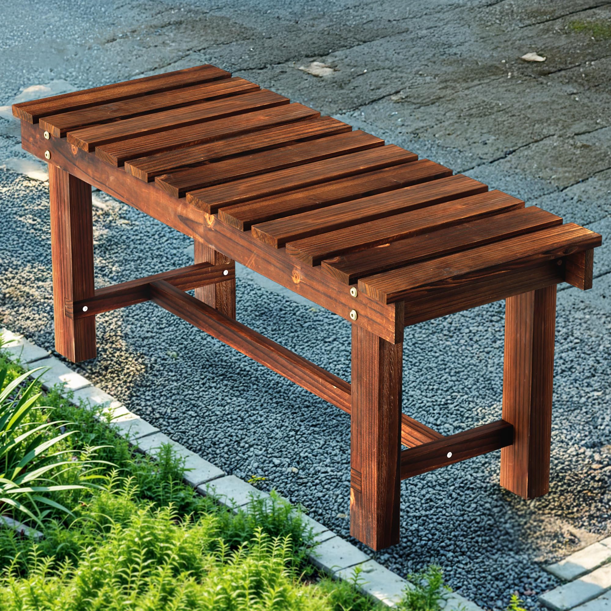Nidouillet outdoor backless bench with cedar slats for two-person seating