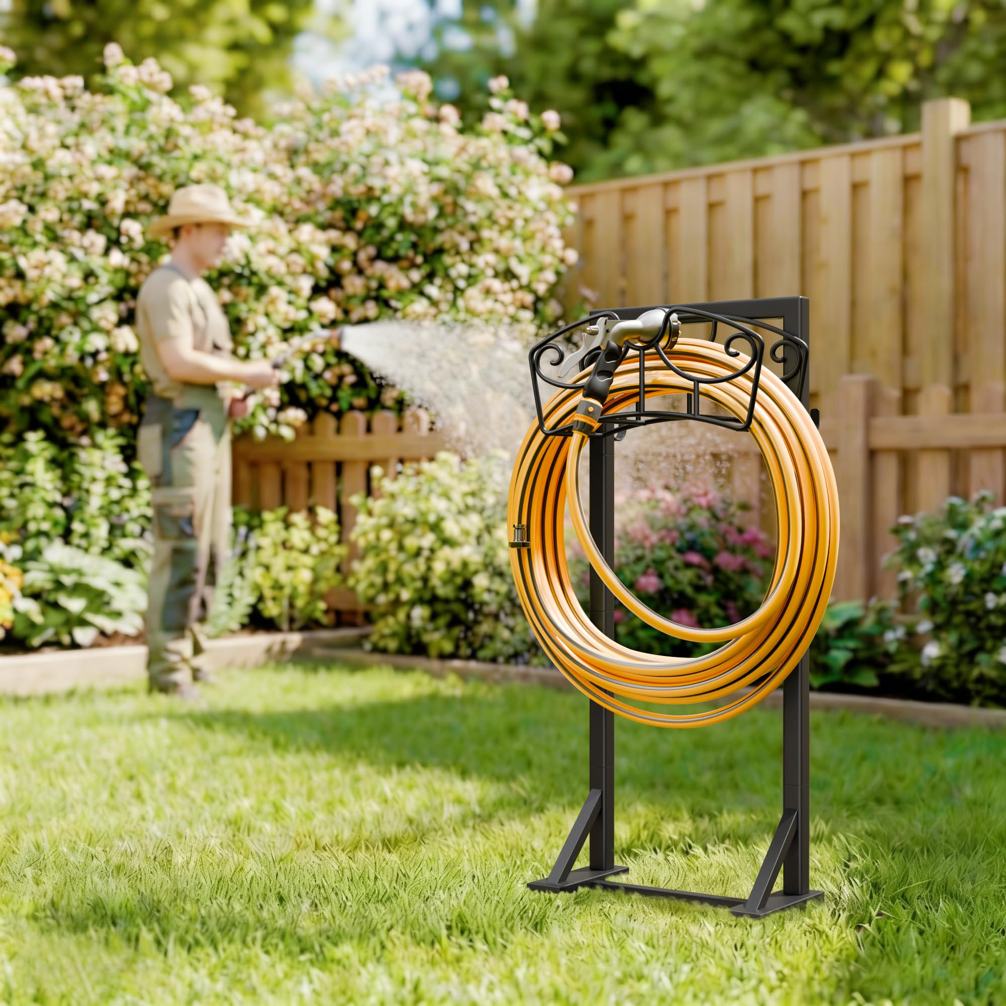 Niffgaff garden hose holder stand heavy-duty steel construction supports long hoses.