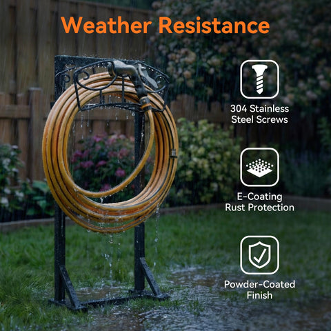 Niffgaff garden hose holder stand rust-resistant coating protects outdoors.