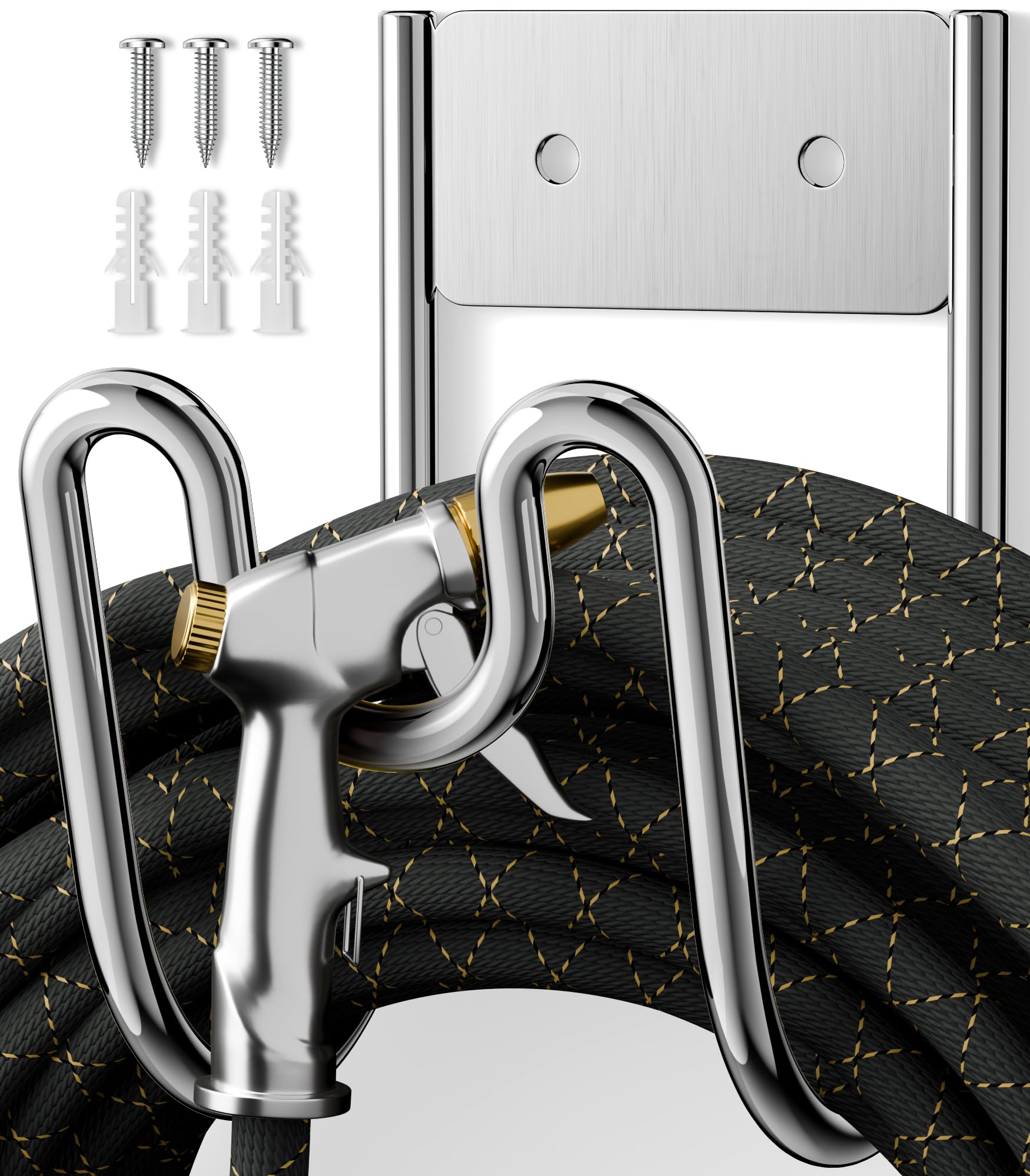 Niffgaff garden hose holder wall mount in brushed SS304 for weatherproof storage.