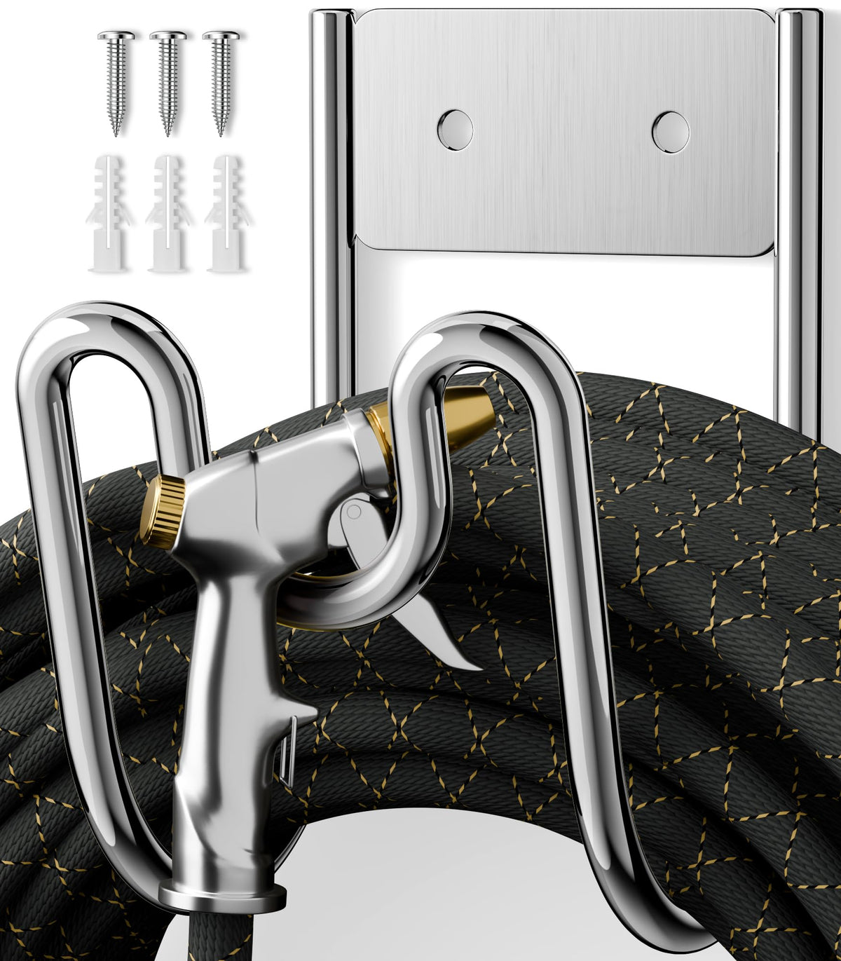 Niffgaff garden hose holder wall mount in brushed SS304 for weatherproof storage.
