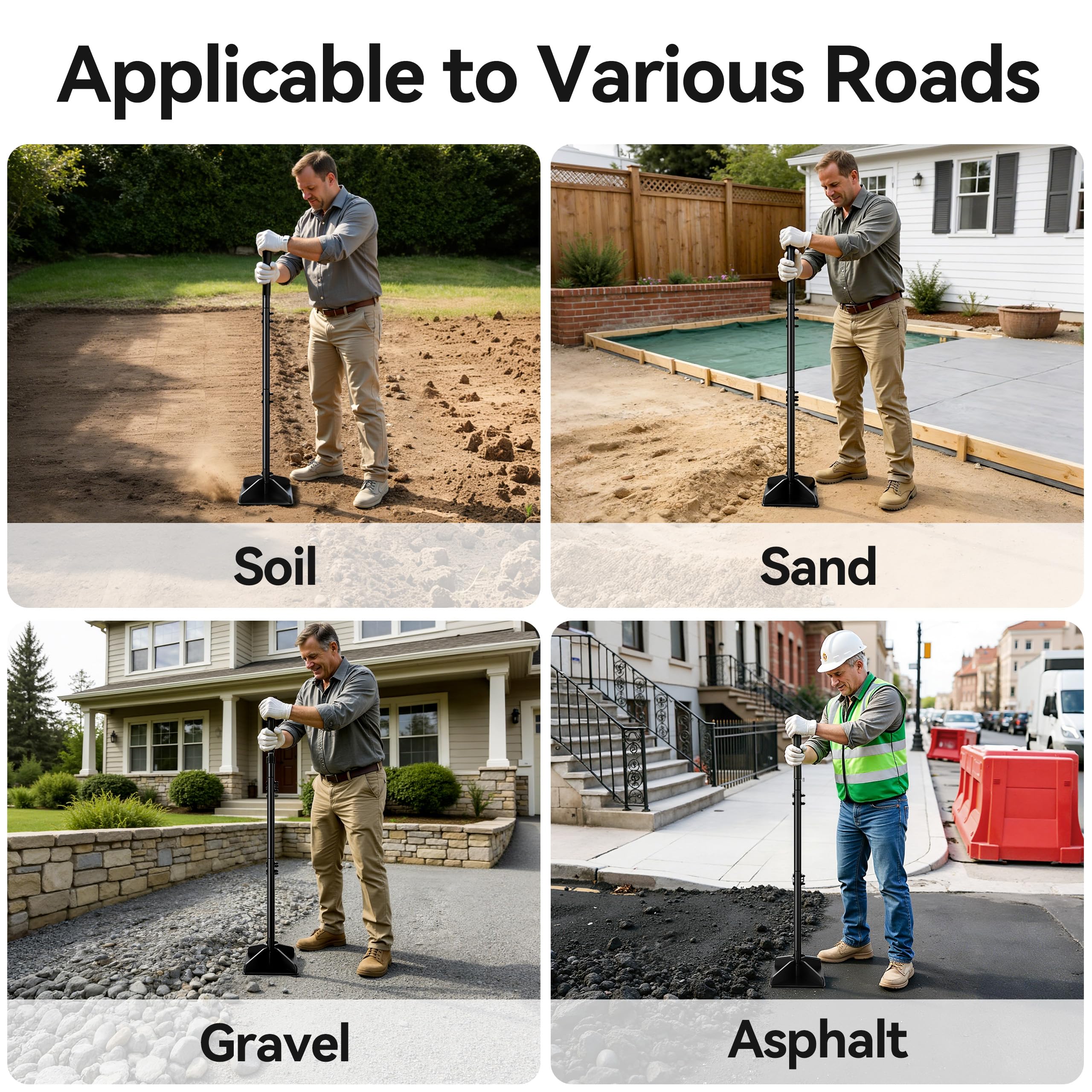 Niffgaff tamper ideal for soil, gravel, and base preparation for surfaces.