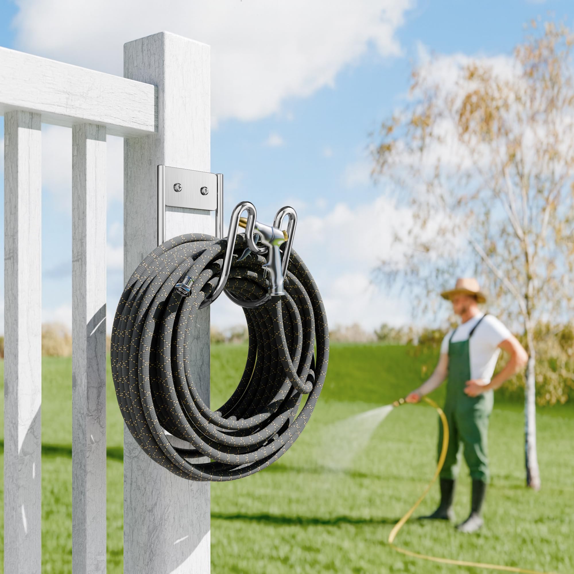 Niffgaff stainless steel hose hanger keeps hoses and cords tidy outdoors.