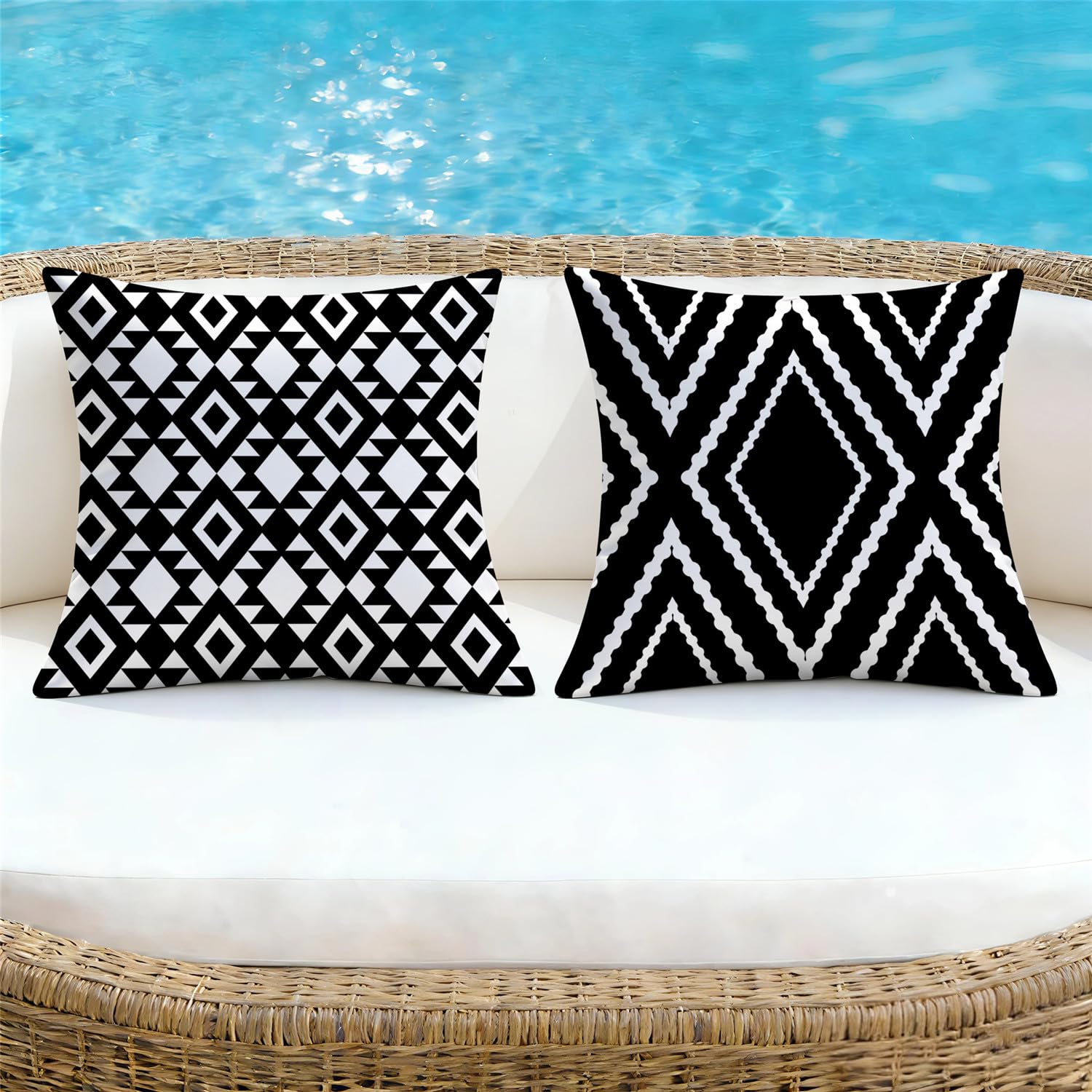 Nightwish double-sided printing on a cushion with vibrant black geometry patterns.