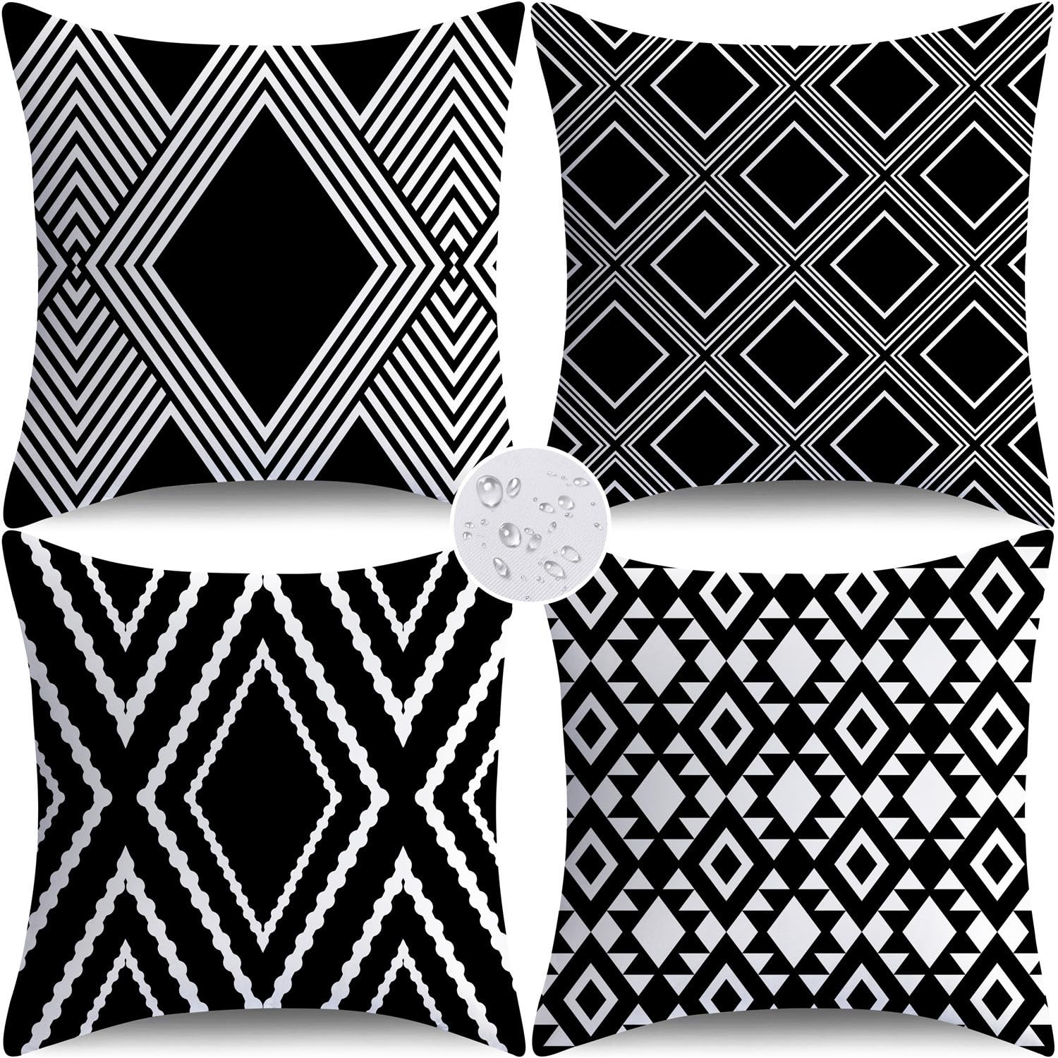 Nightwish outdoor pillow cover with black geometry on a patio, water-repellent and durable.