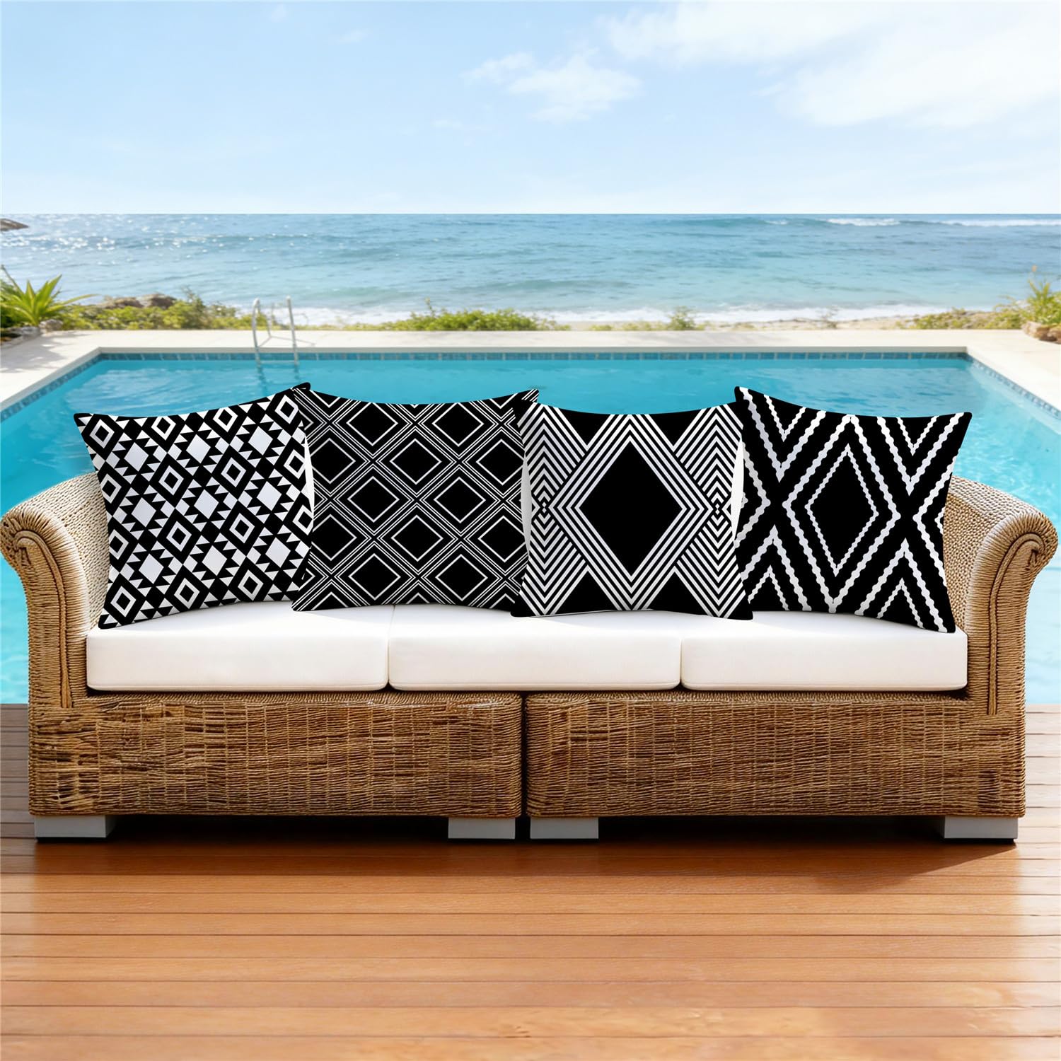 Nightwish 18x18 pillow cover showcasing bold black geometric design for outdoor decor.