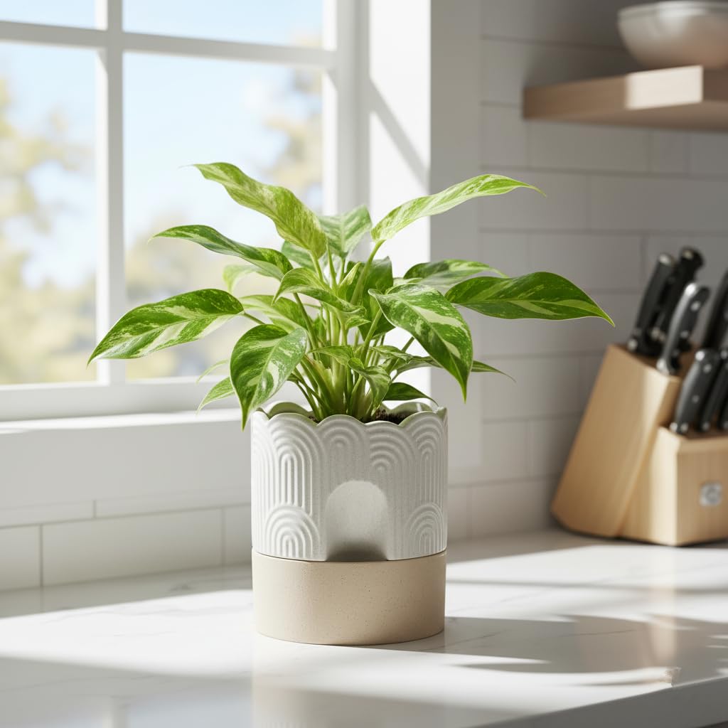 Nihow beige plant pot with orchid on display shelf.