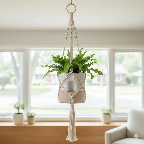 Nihow beige pot on stand suitable for hanging or shelf placement.