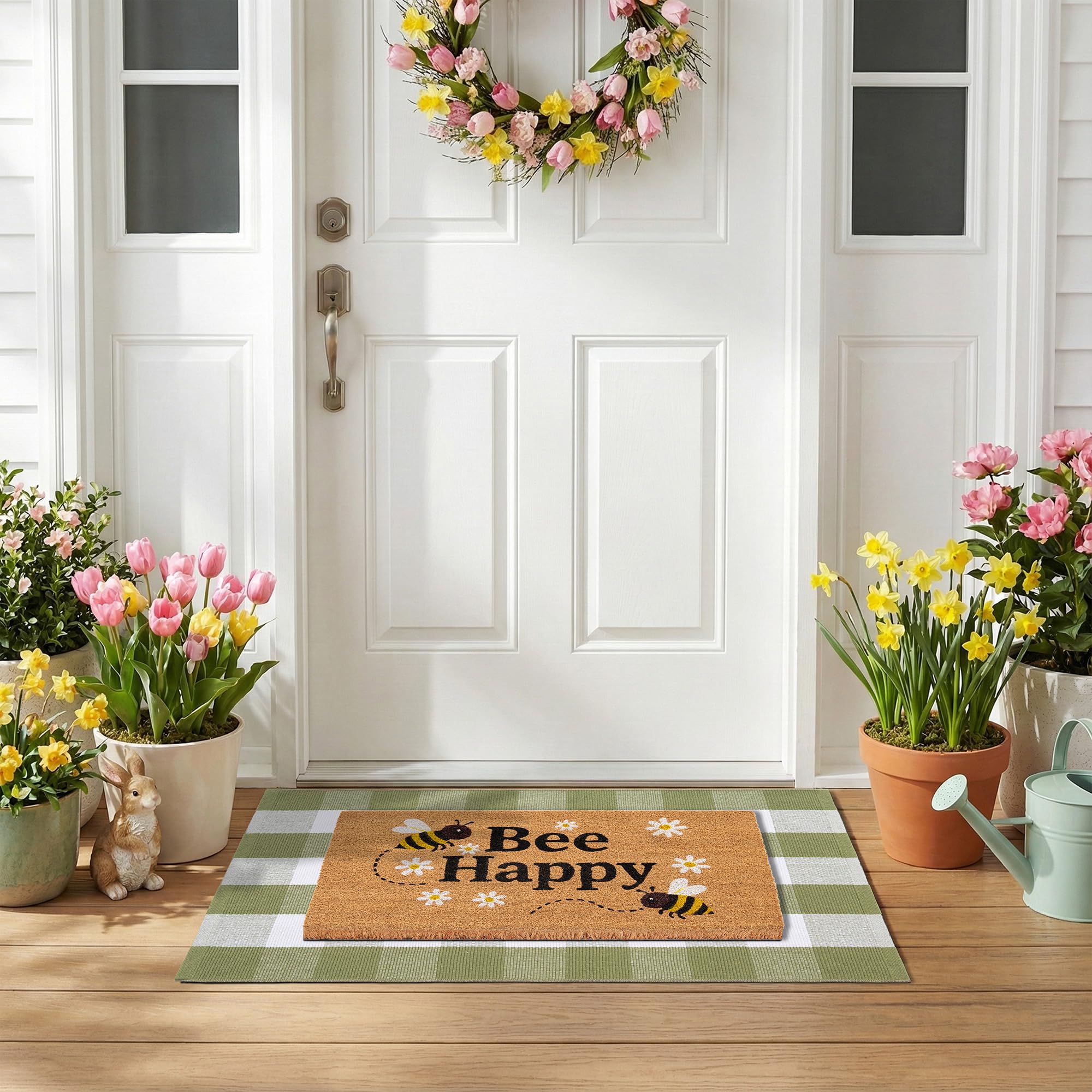 NIIKOOS Bee Happy printed coir mat for spring entryway welcome and light dirt removal