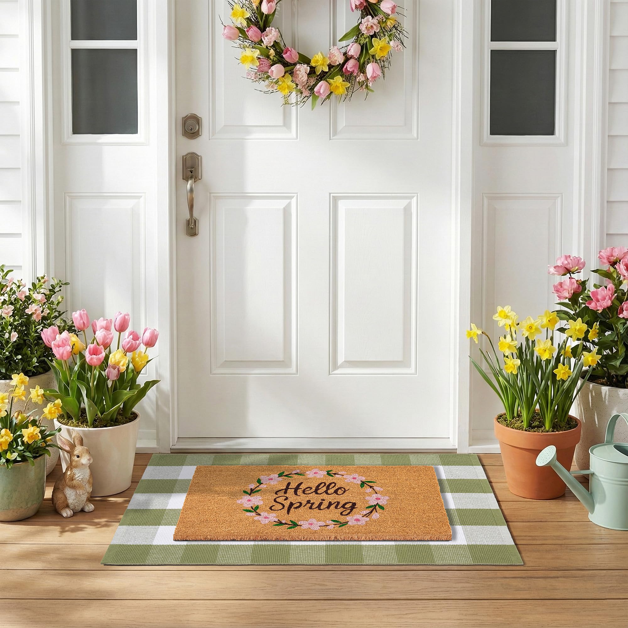 NIIKOOS plaid layering rug complements standard coir mats for layered entryway décor.