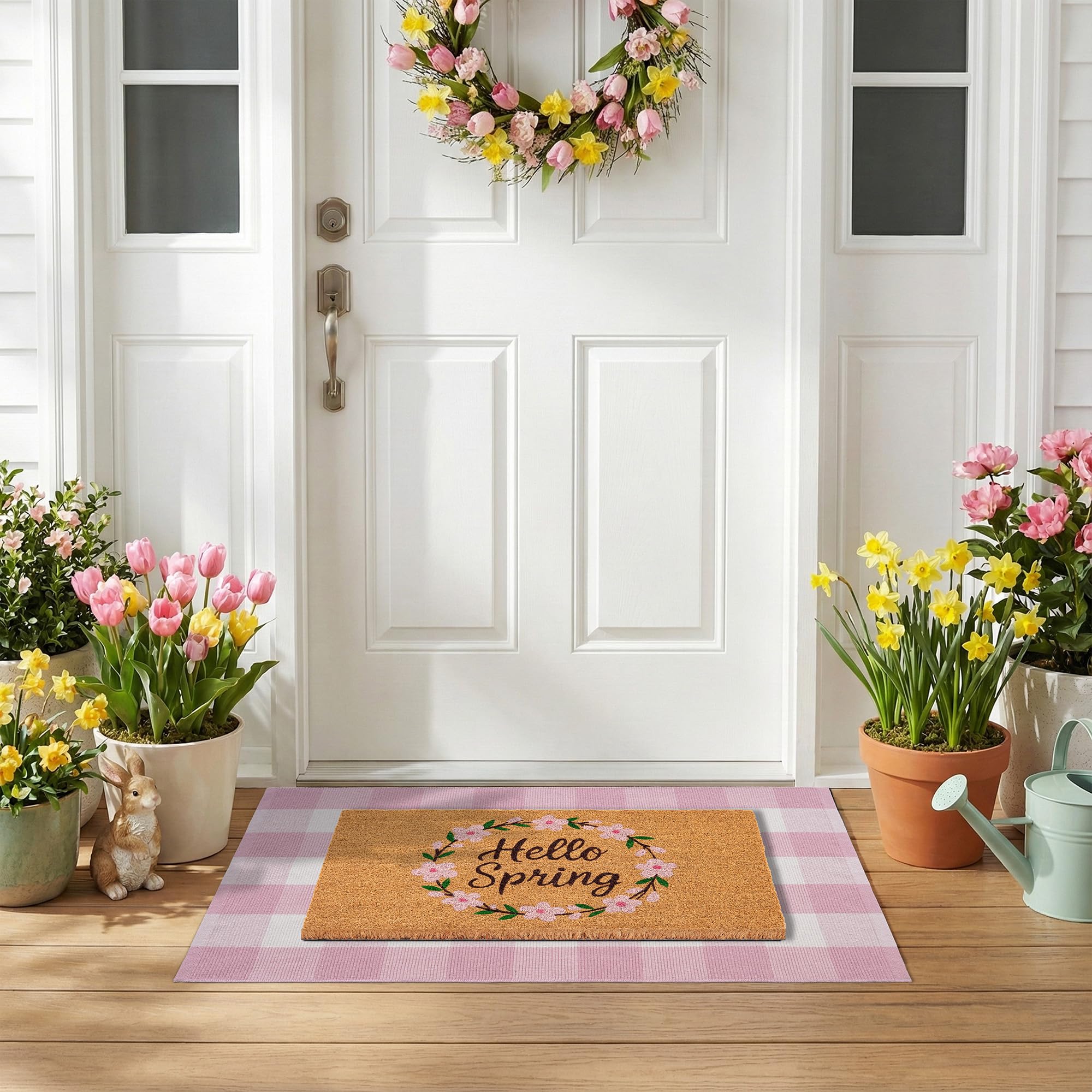 NIIKOOS pink and white plaid layering rug enhances farmhouse entryway styling