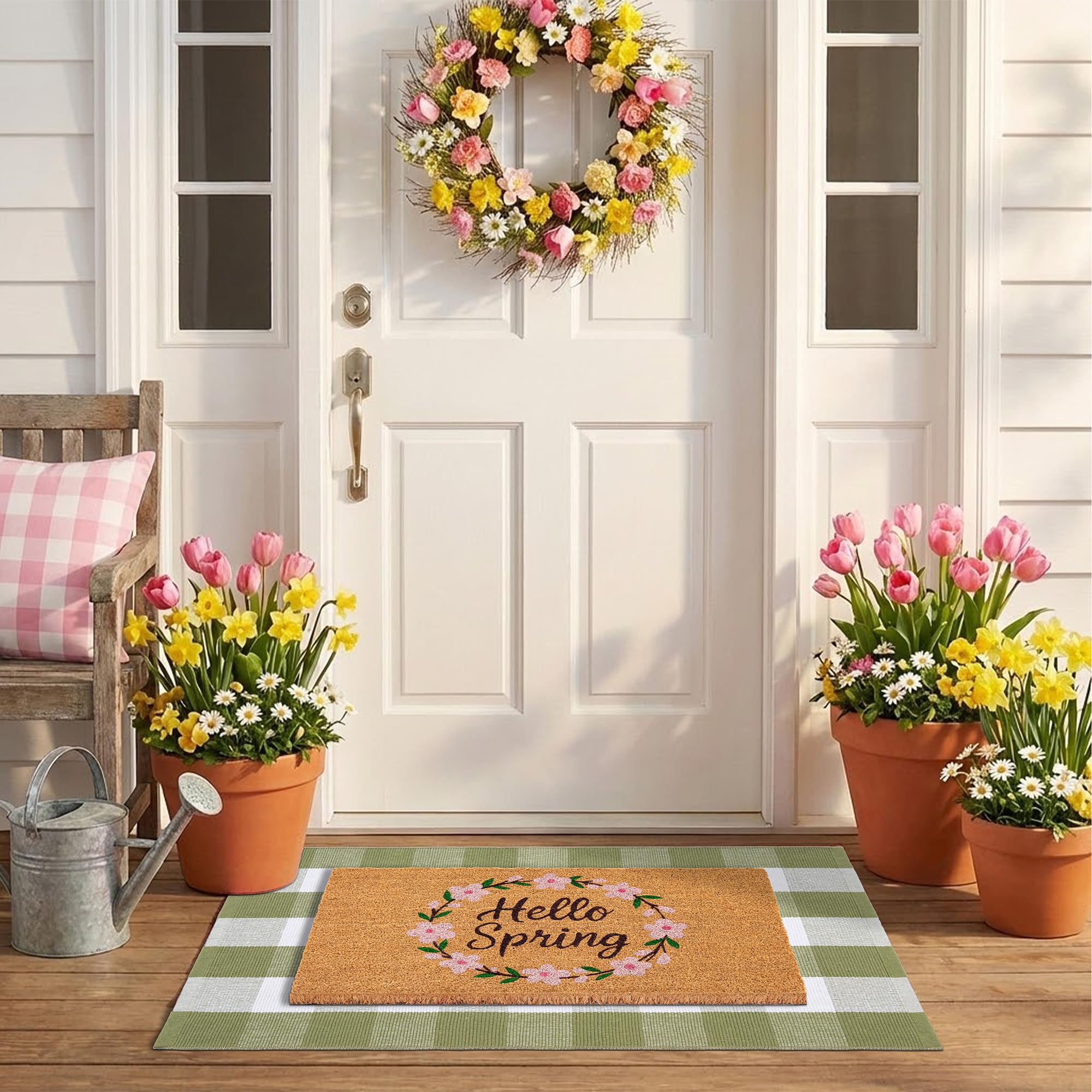 NIIKOOS spring door mat layered coir with green plaid rug welcomes guests.