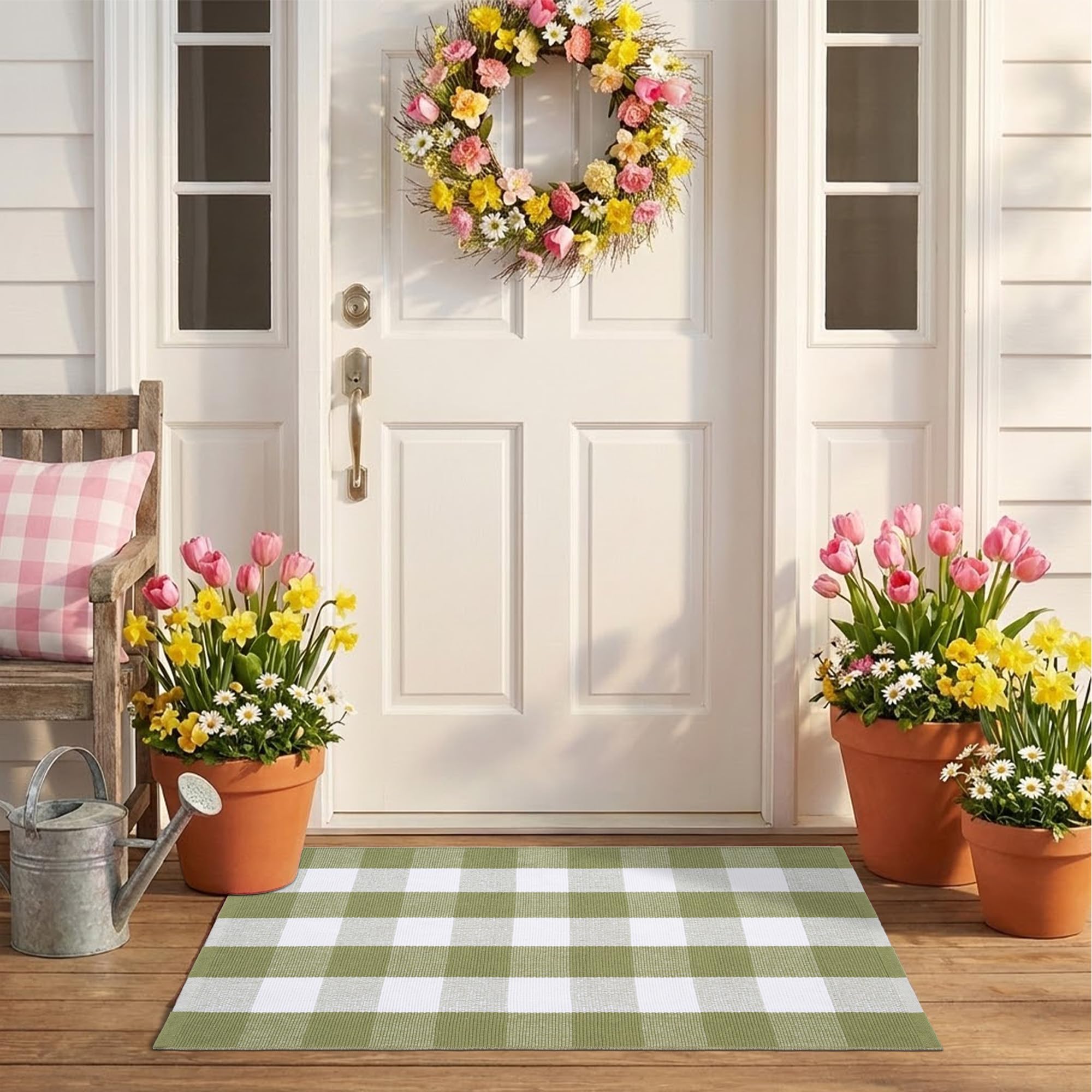 NIIKOOS spring green plaid rug by the front door adds a welcoming layered look.