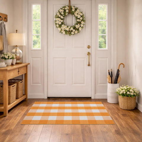 NIIKOOS entryway indoors with plaid rug underfoot.