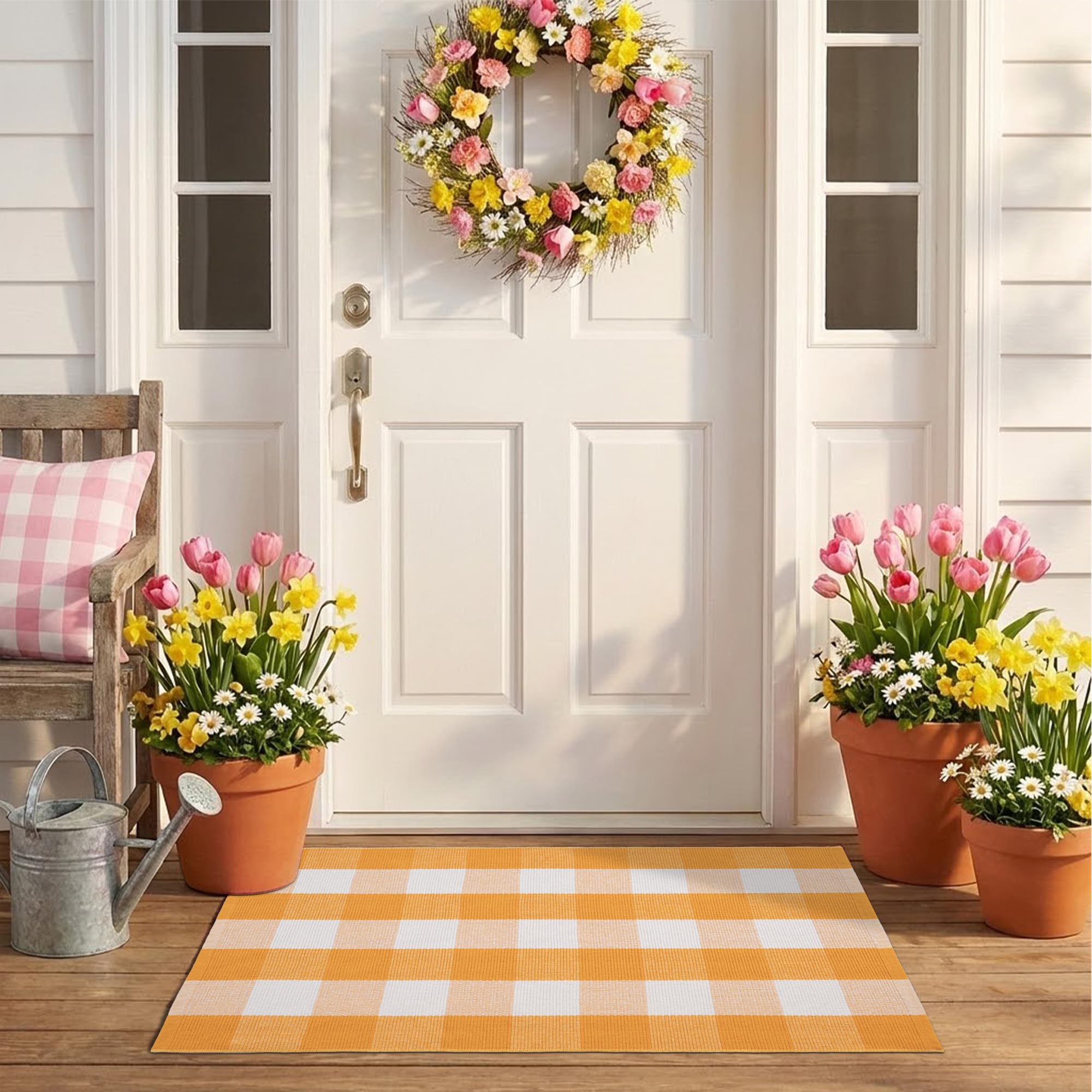NIIKOOS spring yellow plaid doormat at the front door, welcoming guests.