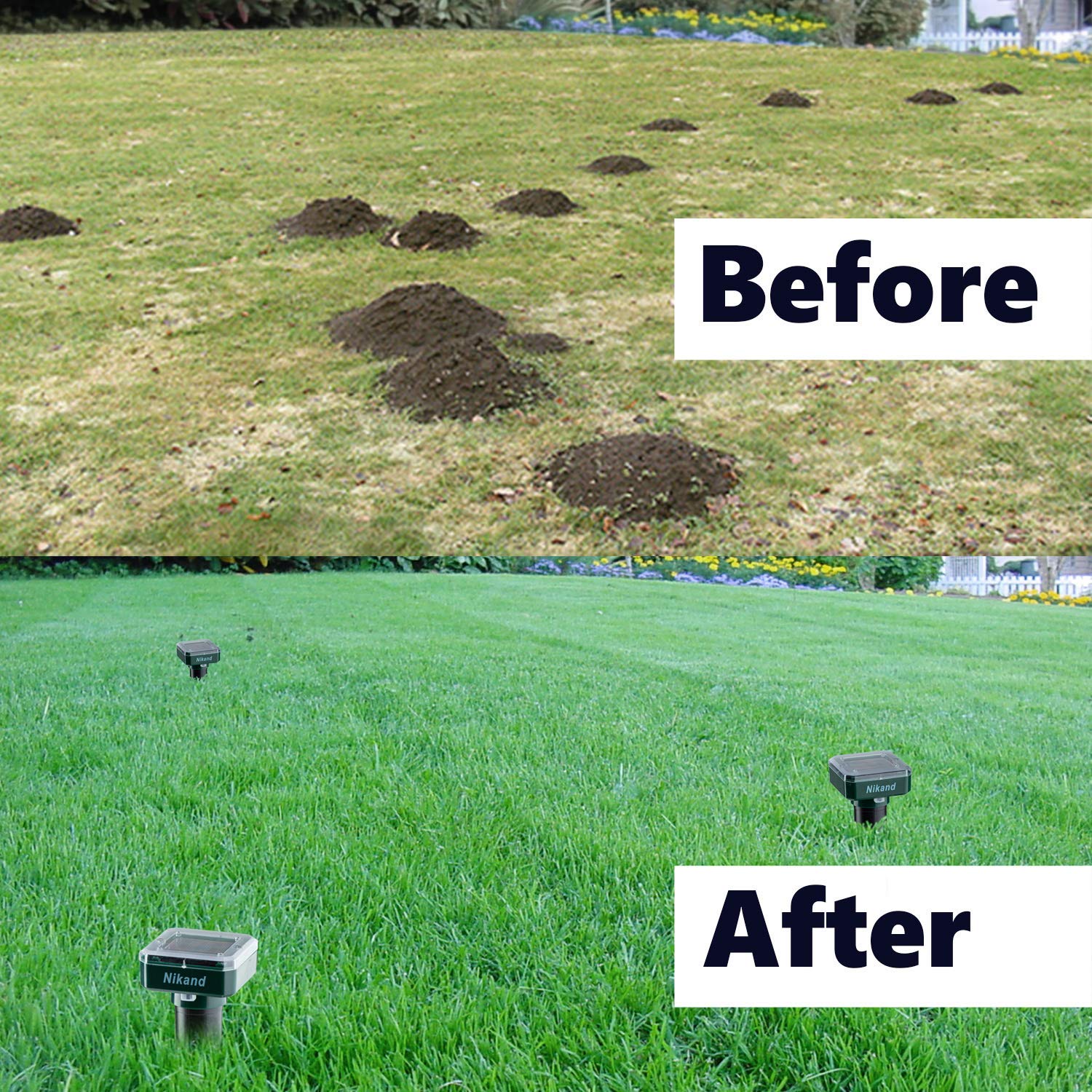 NIKAND solar mole repellent 4-pack box emphasizes value for larger yards