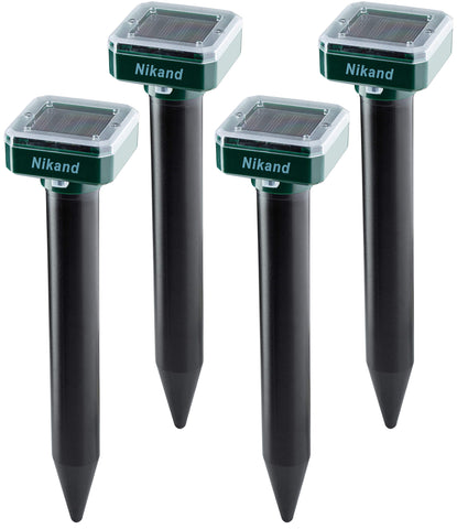 NIKAND solar mole repellent front view showing compact outdoor unit for yard protection