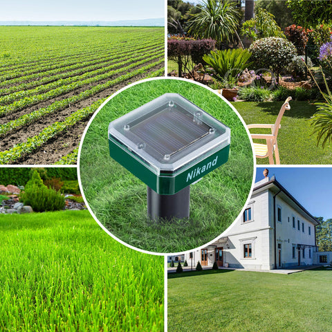 NIKAND solar mole repellent installation guide image illustrating proper placement